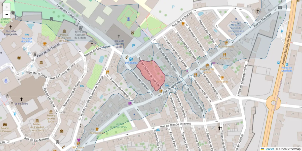 Mapa detalhado do código postal 7000-856 com limites, códigos postais vizinhos e agências dos correios