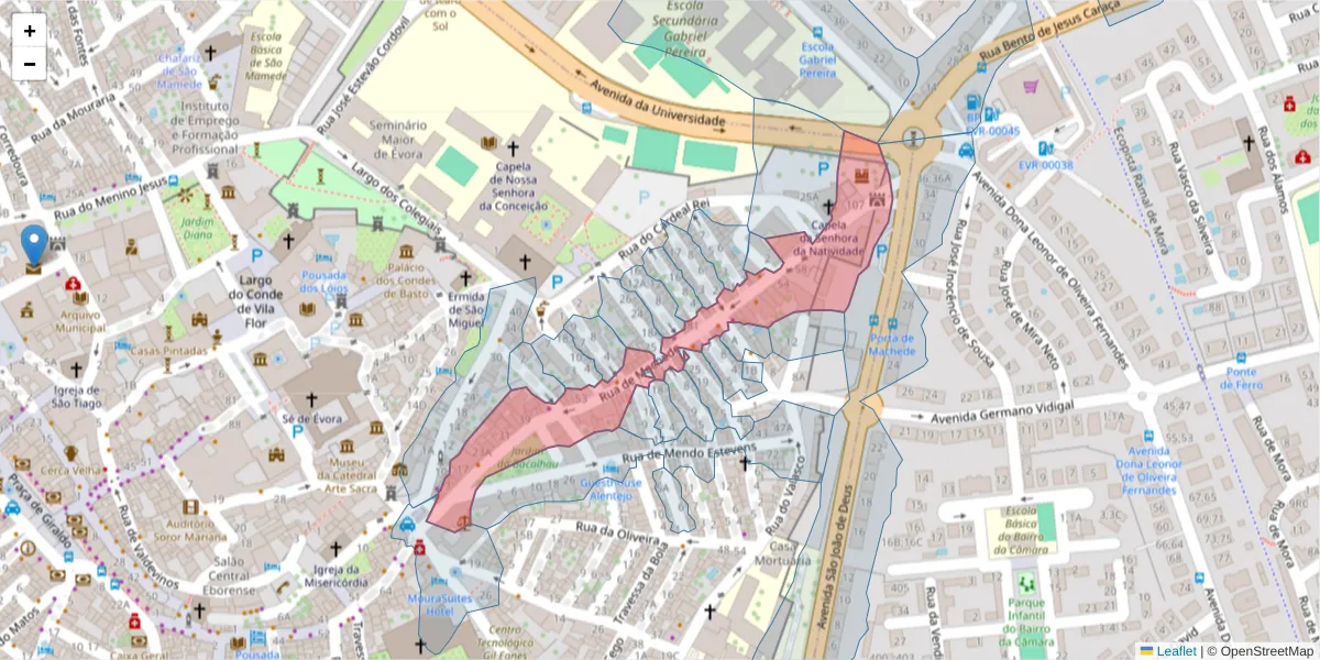 Mapa detalhado do código postal 7000-864 com limites, códigos postais vizinhos e agências dos correios