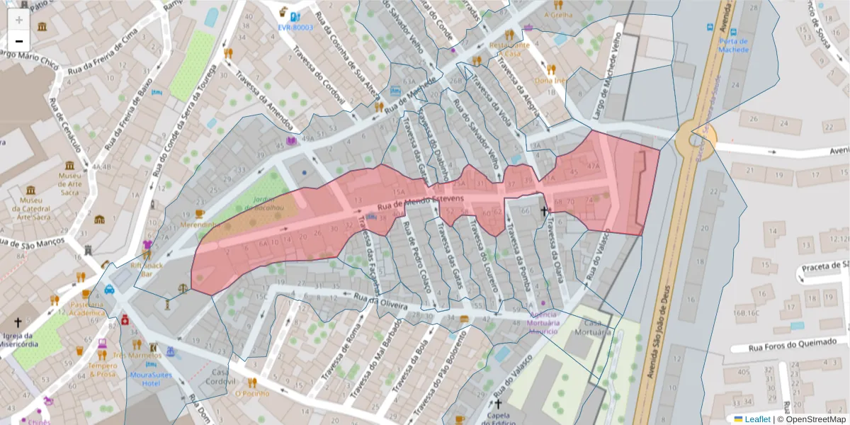 Mapa detalhado do código postal 7000-865 com limites, códigos postais vizinhos e agências dos correios