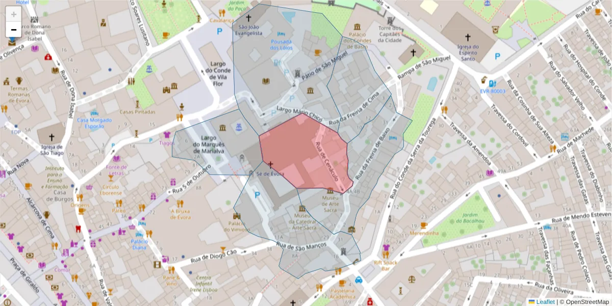 Mapa detalhado do código postal 7000-874 com limites, códigos postais vizinhos e agências dos correios