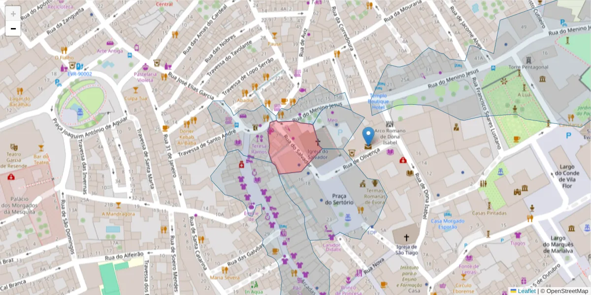 Mapa detalhado do código postal 7000-876 com limites, códigos postais vizinhos e agências dos correios