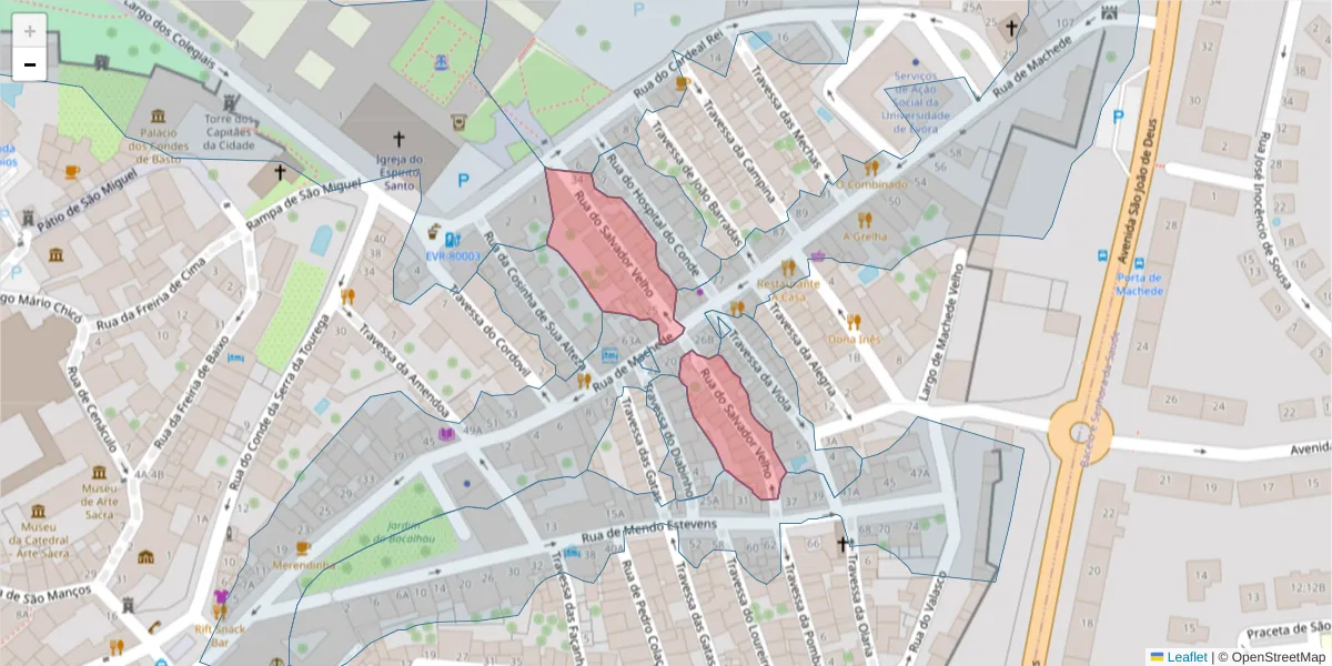 Mapa detalhado do código postal 7000-877 com limites, códigos postais vizinhos e agências dos correios