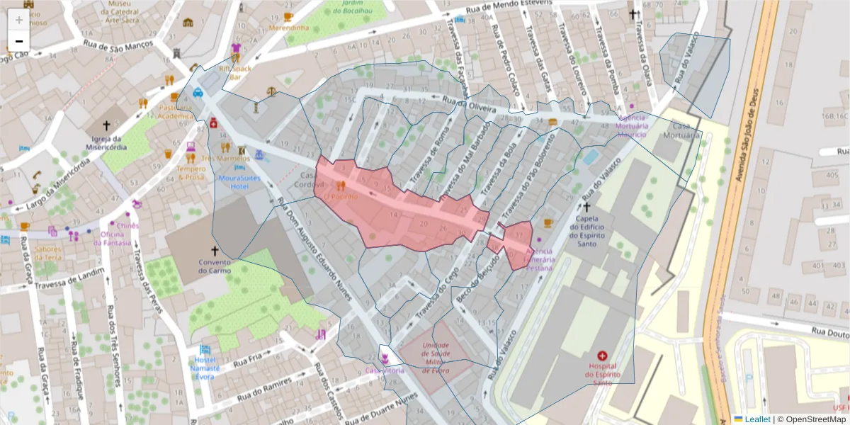 Mapa detalhado do código postal 7000-890 com limites, códigos postais vizinhos e agências dos correios
