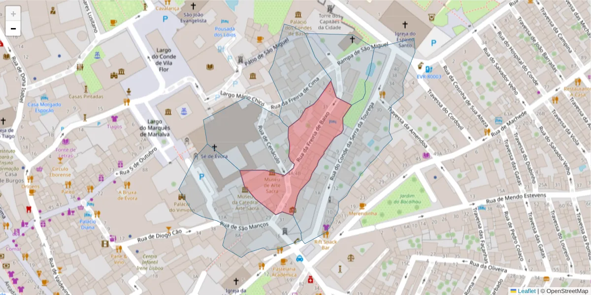 Mapa detalhado do código postal 7000-898 com limites, códigos postais vizinhos e agências dos correios