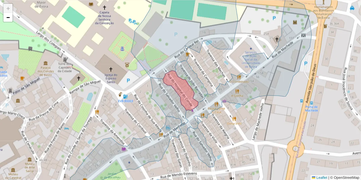 Mapa detalhado do código postal 7000-906 com limites, códigos postais vizinhos e agências dos correios