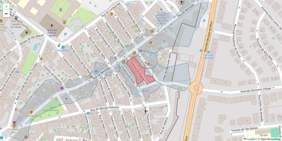 Mapa detalhado do código postal 7000-942 com limites, códigos postais vizinhos e agências dos correios