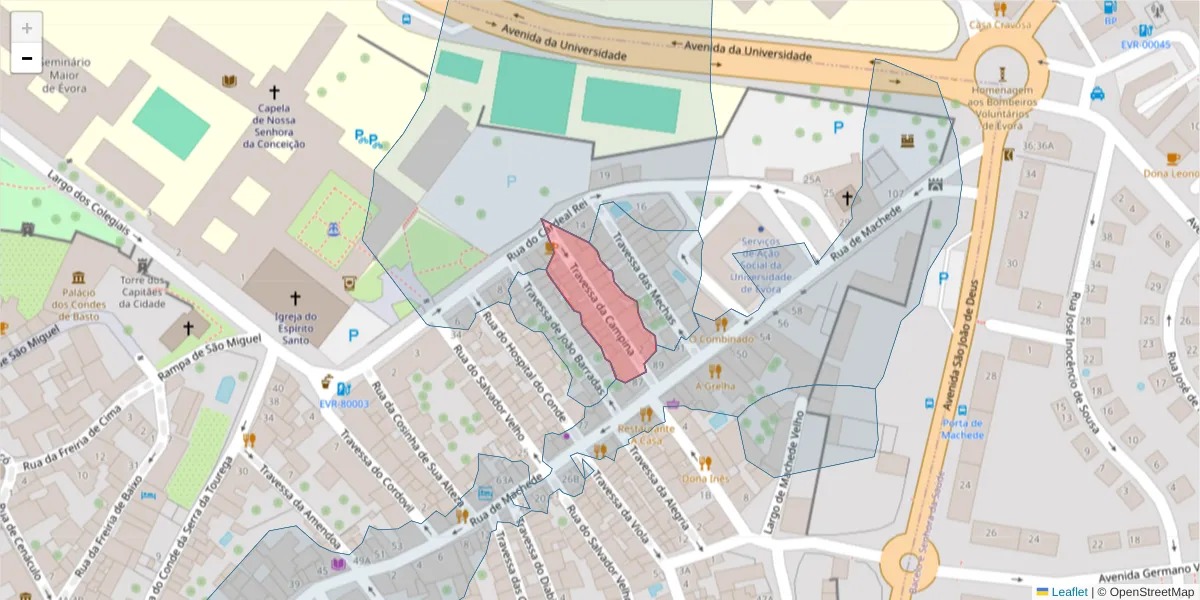 Mapa detalhado do código postal 7000-944 com limites, códigos postais vizinhos e agências dos correios