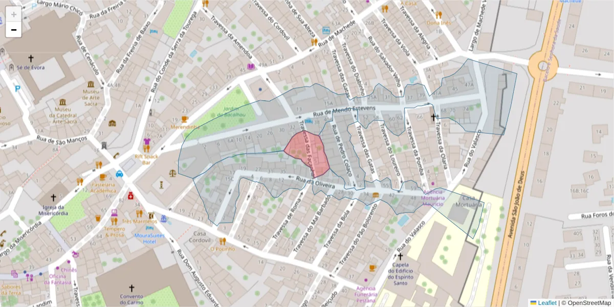 Mapa detalhado do código postal 7000-950 com limites, códigos postais vizinhos e agências dos correios