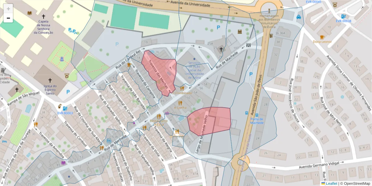 Mapa detalhado do código postal 7000-952 com limites, códigos postais vizinhos e agências dos correios