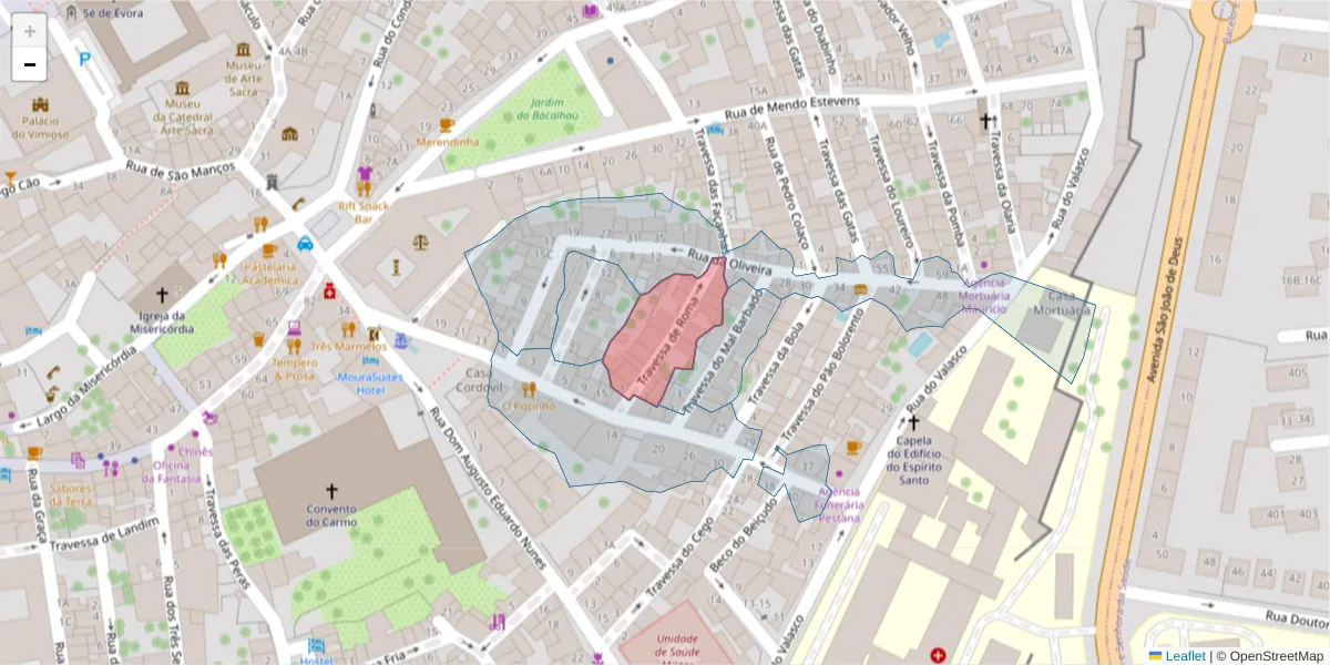 Mapa detalhado do código postal 7000-954 com limites, códigos postais vizinhos e agências dos correios