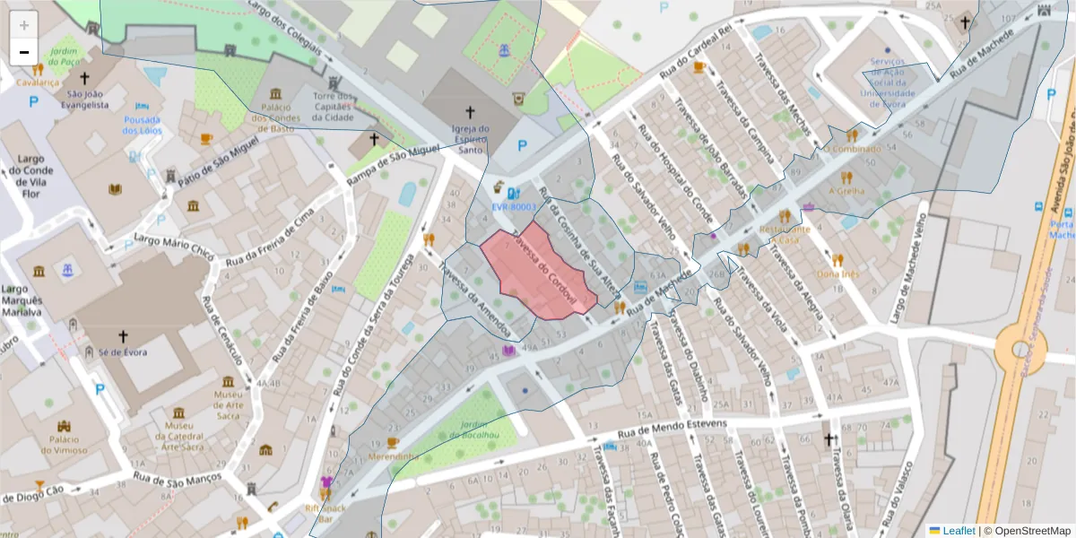 Mapa detalhado do código postal 7000-956 com limites, códigos postais vizinhos e agências dos correios