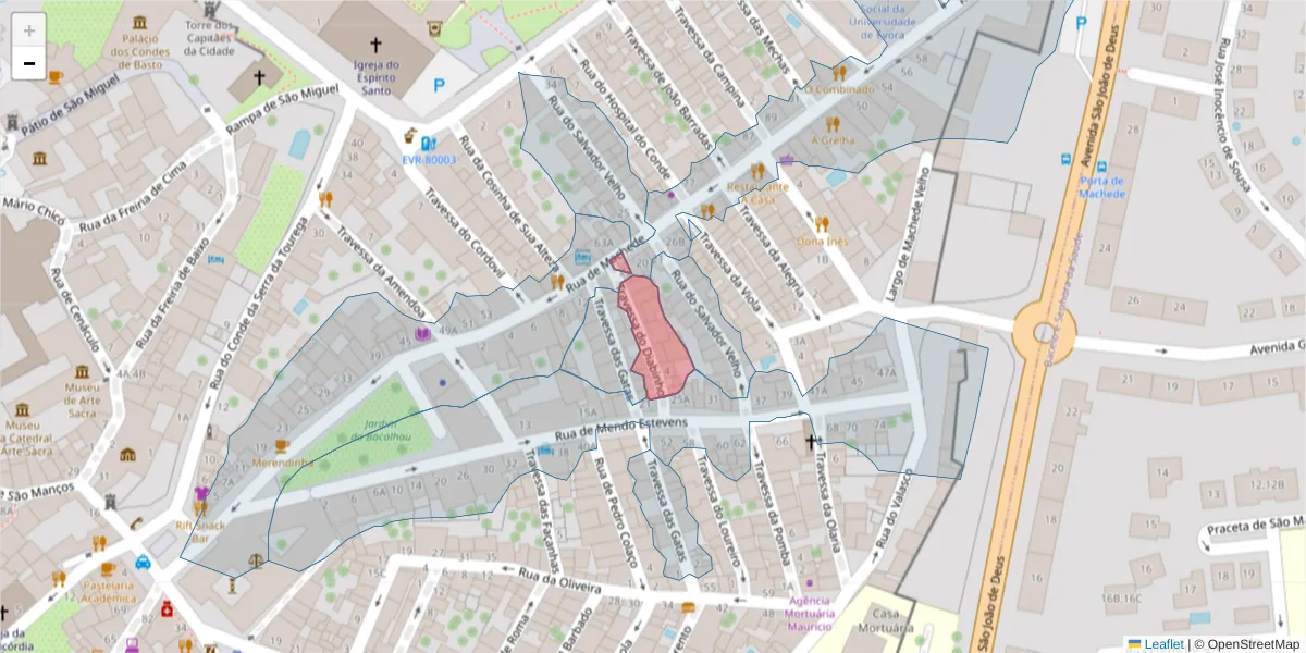 Mapa detalhado do código postal 7000-957 com limites, códigos postais vizinhos e agências dos correios