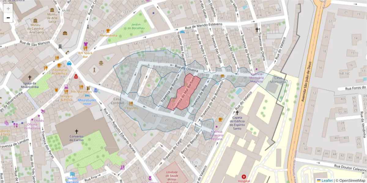 Mapa detalhado do código postal 7000-959 com limites, códigos postais vizinhos e agências dos correios