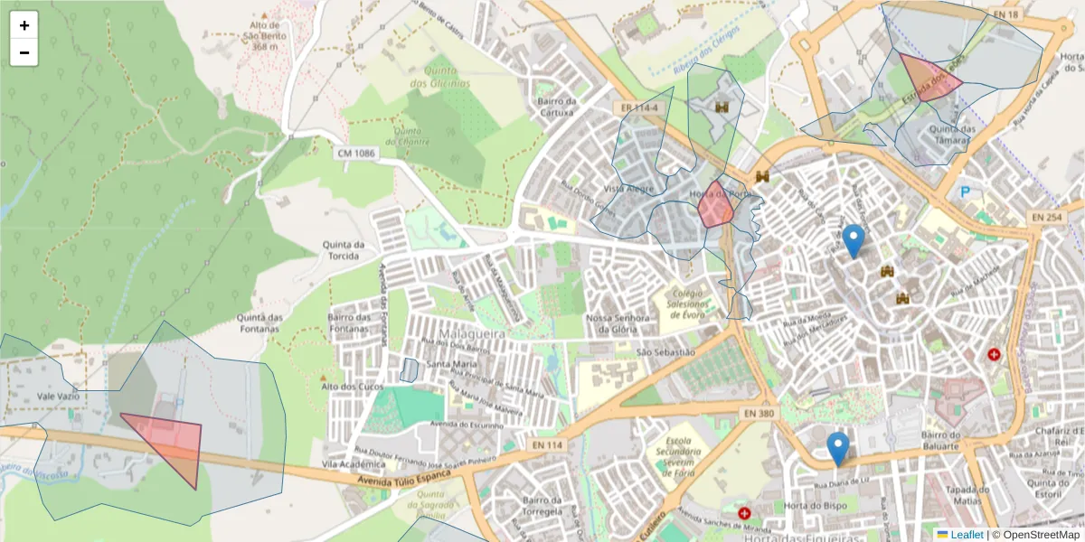 Mapa detalhado do código postal 7000 com limites, códigos postais vizinhos e agências dos correios