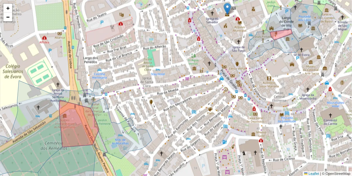 Mapa detalhado do código postal 7001-901 com limites, códigos postais vizinhos e agências dos correios