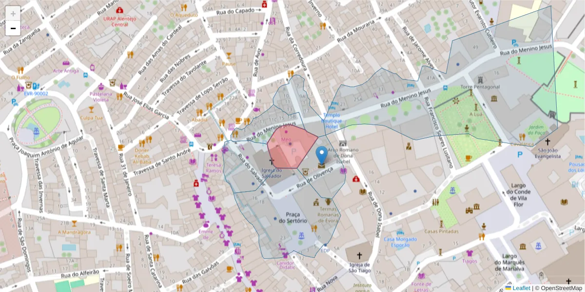 Mapa detalhado do código postal 7004-503 com limites, códigos postais vizinhos e agências dos correios