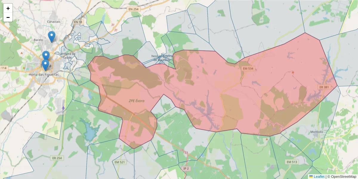 Mapa detalhado do código postal 7005-099 com limites, códigos postais vizinhos e agências dos correios
