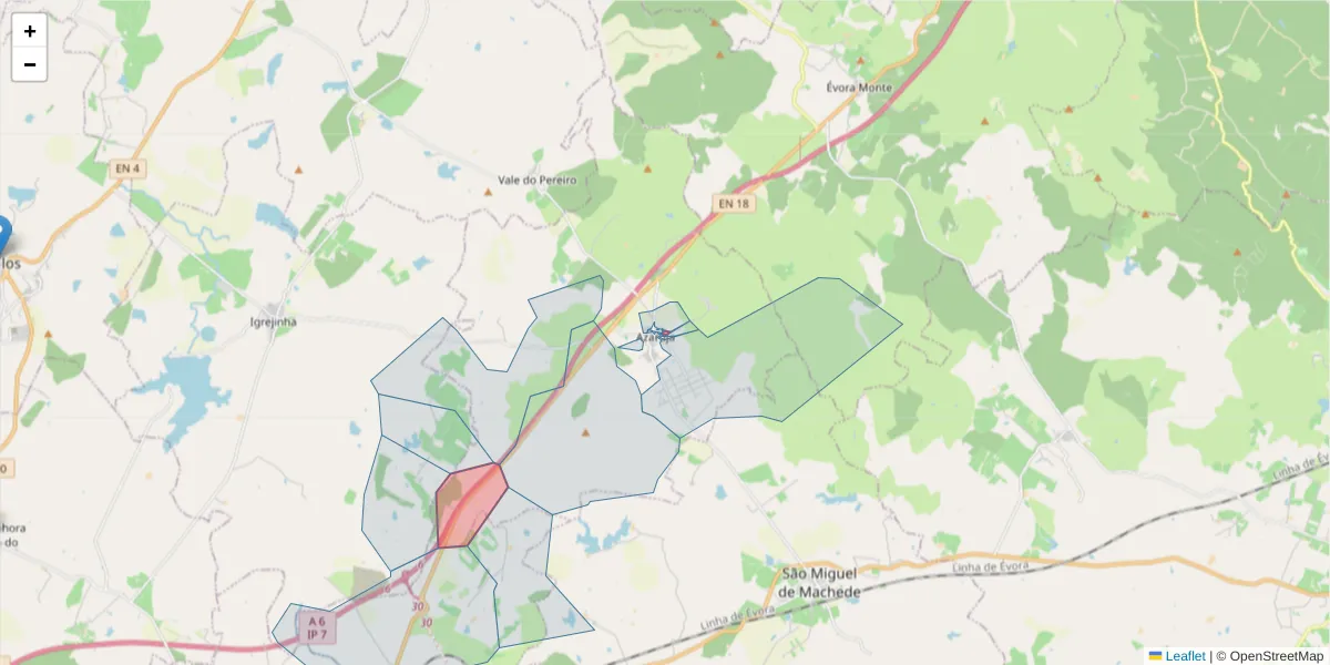 Mapa detalhado do código postal 7005-101 com limites, códigos postais vizinhos e agências dos correios