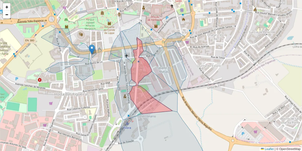 Mapa detalhado do código postal 7005-138 com limites, códigos postais vizinhos e agências dos correios