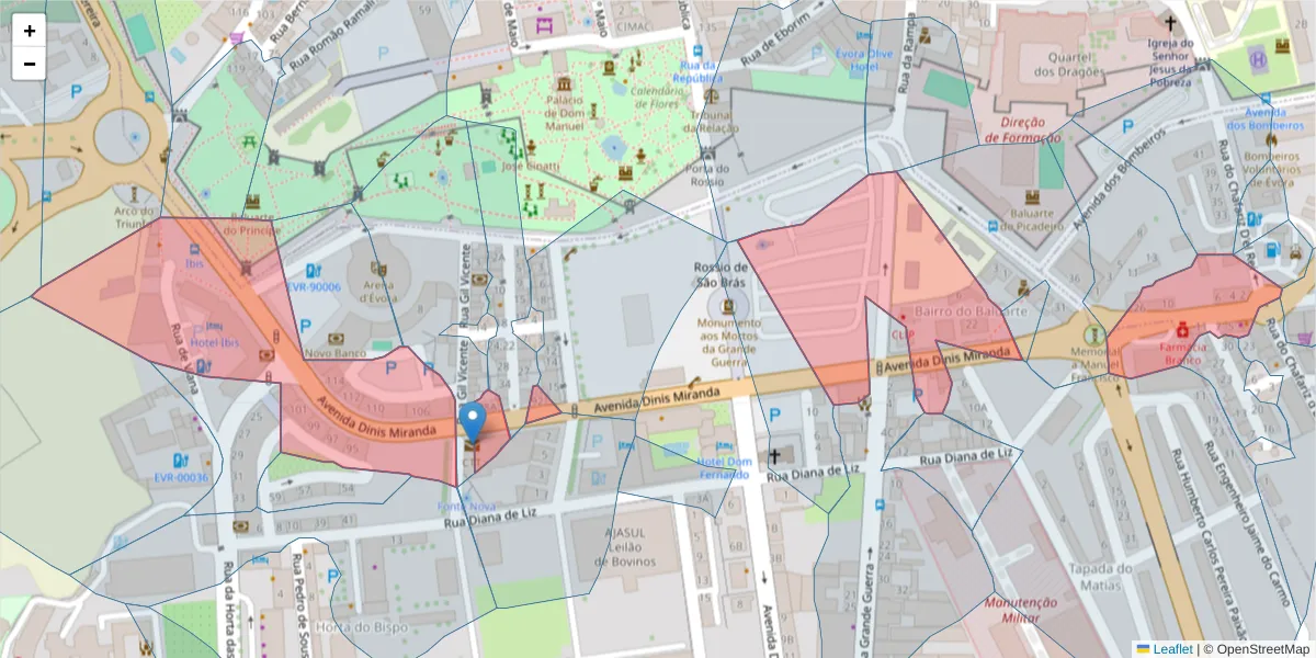 Mapa detalhado do código postal 7005-140 com limites, códigos postais vizinhos e agências dos correios