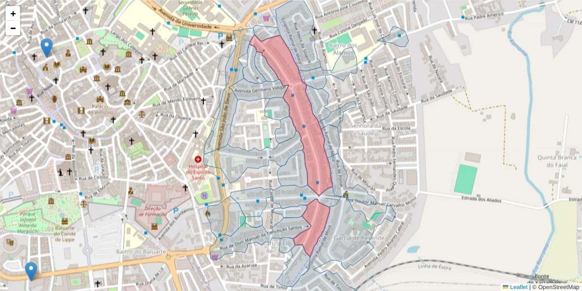 Mapa detalhado do código postal 7005-144 com limites, códigos postais vizinhos e agências dos correios
