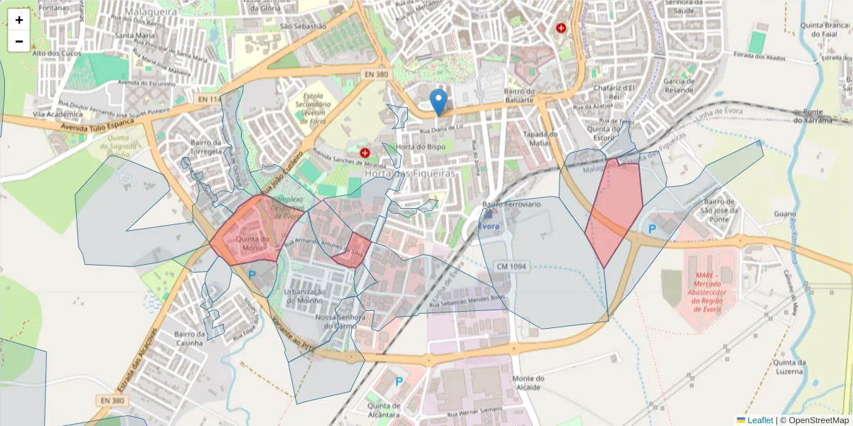Mapa detalhado do código postal 7005-145 com limites, códigos postais vizinhos e agências dos correios
