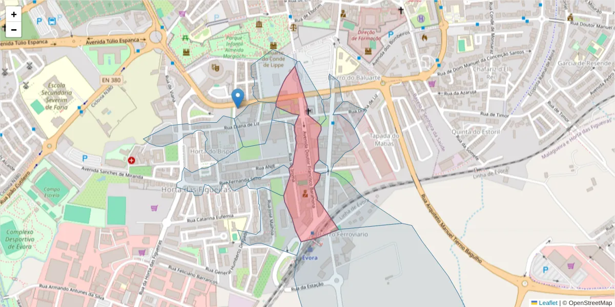 Mapa detalhado do código postal 7005-150 com limites, códigos postais vizinhos e agências dos correios