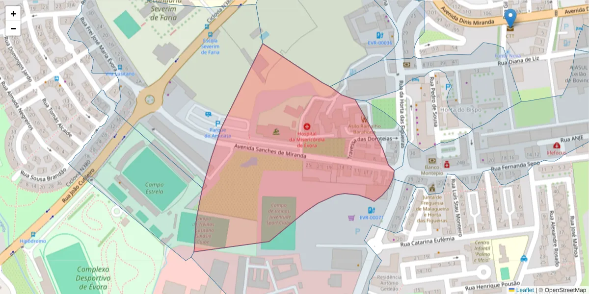 Mapa detalhado do código postal 7005-177 com limites, códigos postais vizinhos e agências dos correios