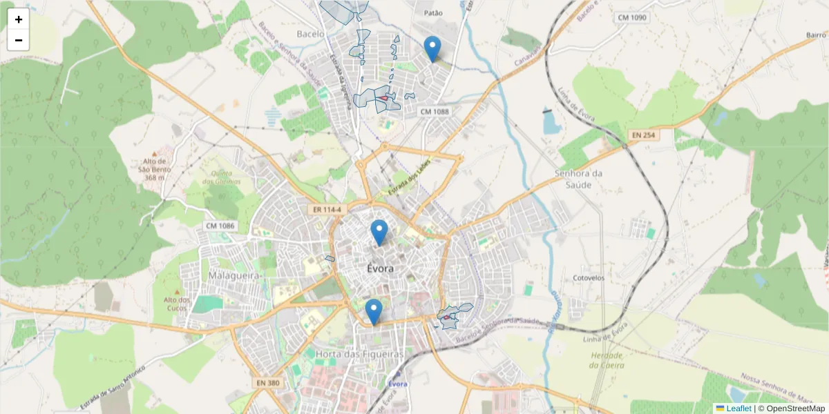 Mapa detalhado do código postal 7005-190 com limites, códigos postais vizinhos e agências dos correios