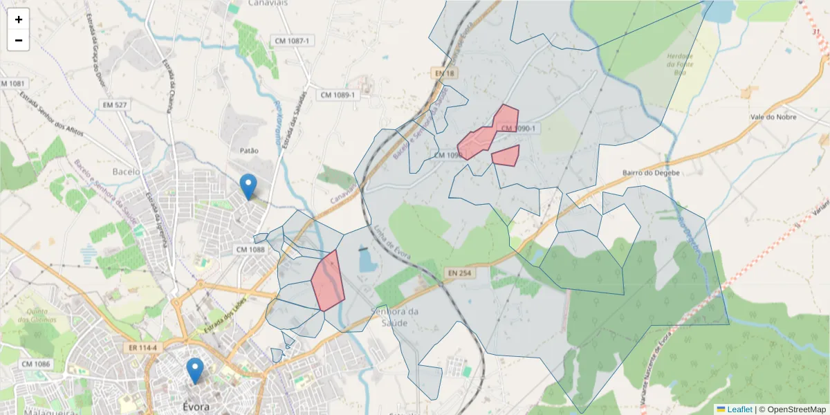 Mapa detalhado do código postal 7005-199 com limites, códigos postais vizinhos e agências dos correios