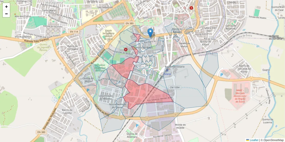Mapa detalhado do código postal 7005-212 com limites, códigos postais vizinhos e agências dos correios