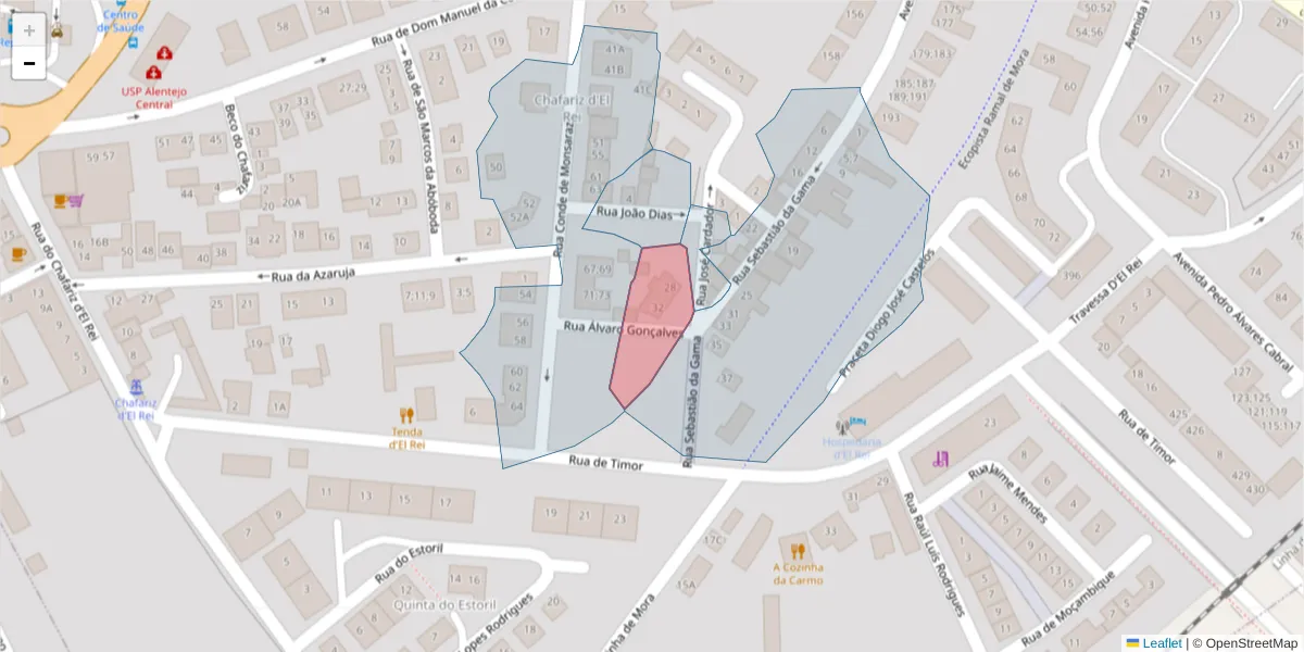 Mapa detalhado do código postal 7005-224 com limites, códigos postais vizinhos e agências dos correios