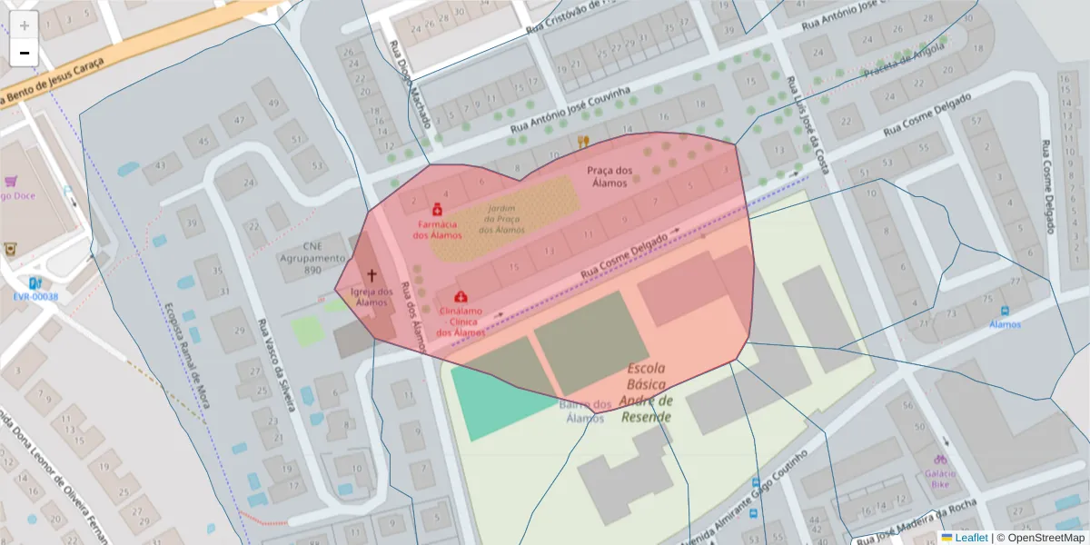 Mapa detalhado do código postal 7005-242 com limites, códigos postais vizinhos e agências dos correios