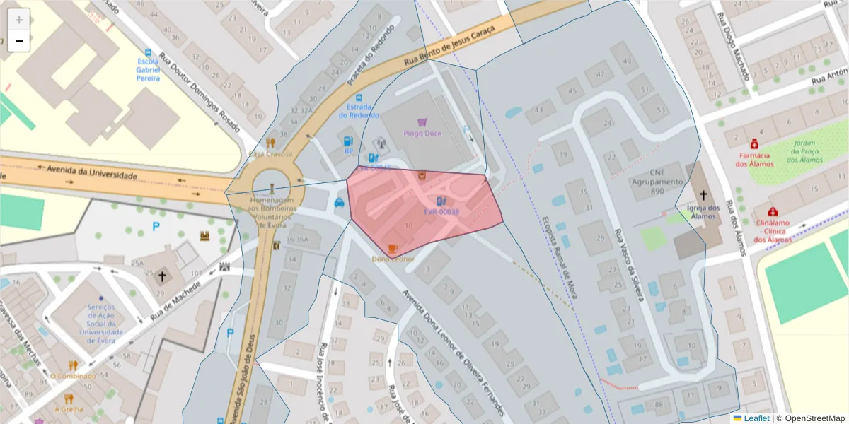 Mapa detalhado do código postal 7005-255 com limites, códigos postais vizinhos e agências dos correios