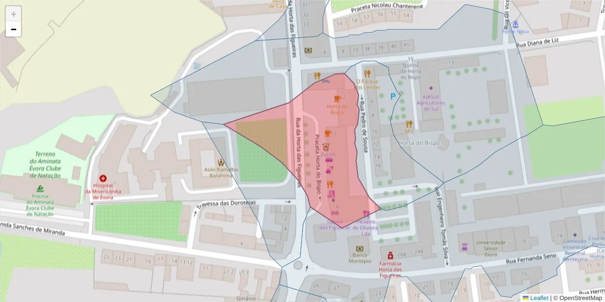 Mapa detalhado do código postal 7005-259 com limites, códigos postais vizinhos e agências dos correios