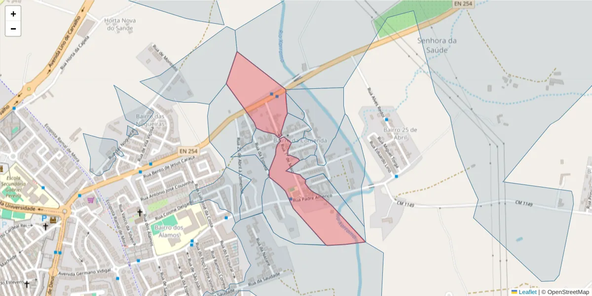 Mapa detalhado do código postal 7005-270 com limites, códigos postais vizinhos e agências dos correios