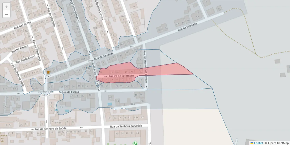 Mapa detalhado do código postal 7005-275 com limites, códigos postais vizinhos e agências dos correios