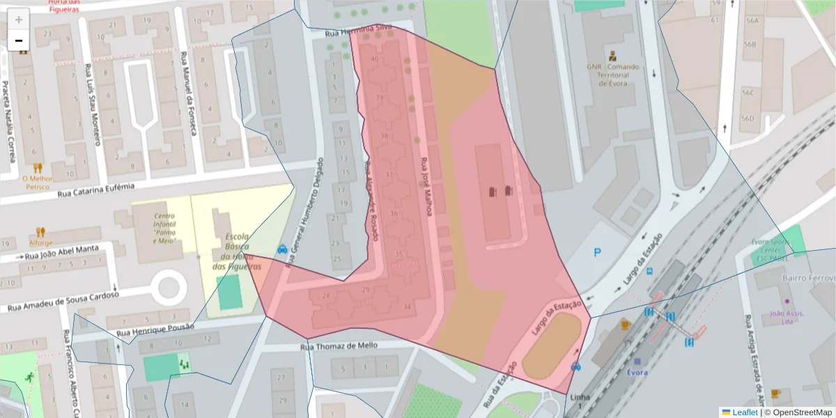Mapa detalhado do código postal 7005-287 com limites, códigos postais vizinhos e agências dos correios