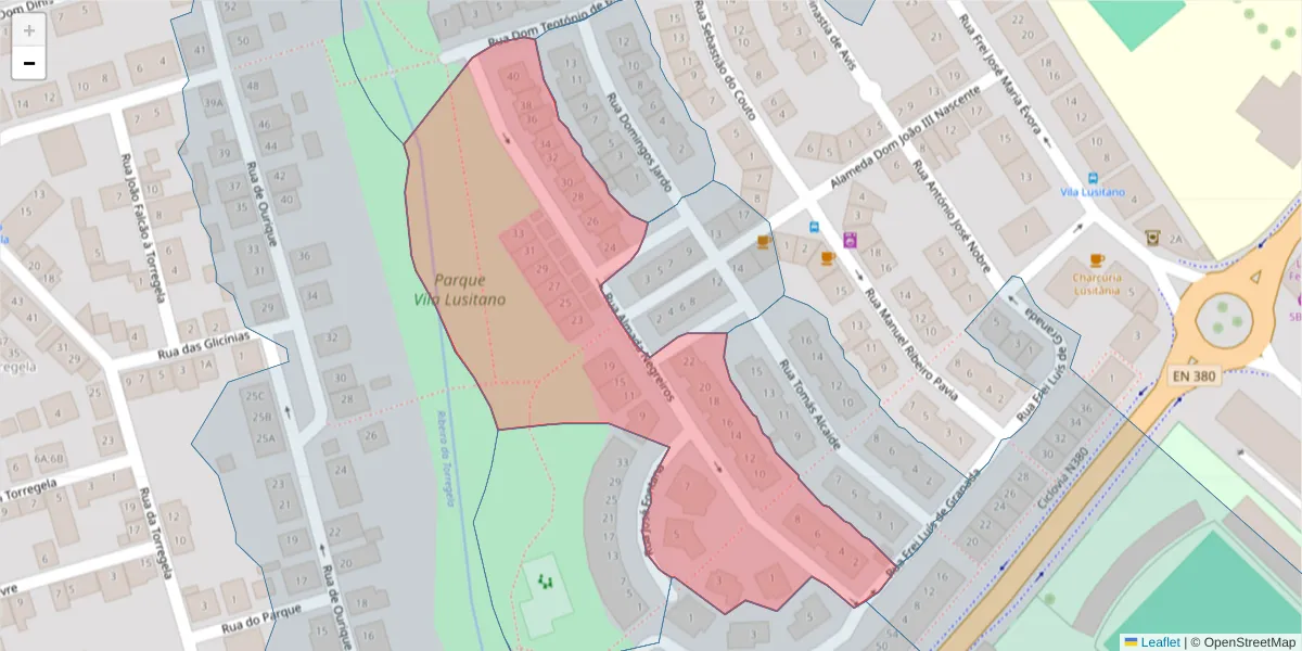 Mapa detalhado do código postal 7005-288 com limites, códigos postais vizinhos e agências dos correios