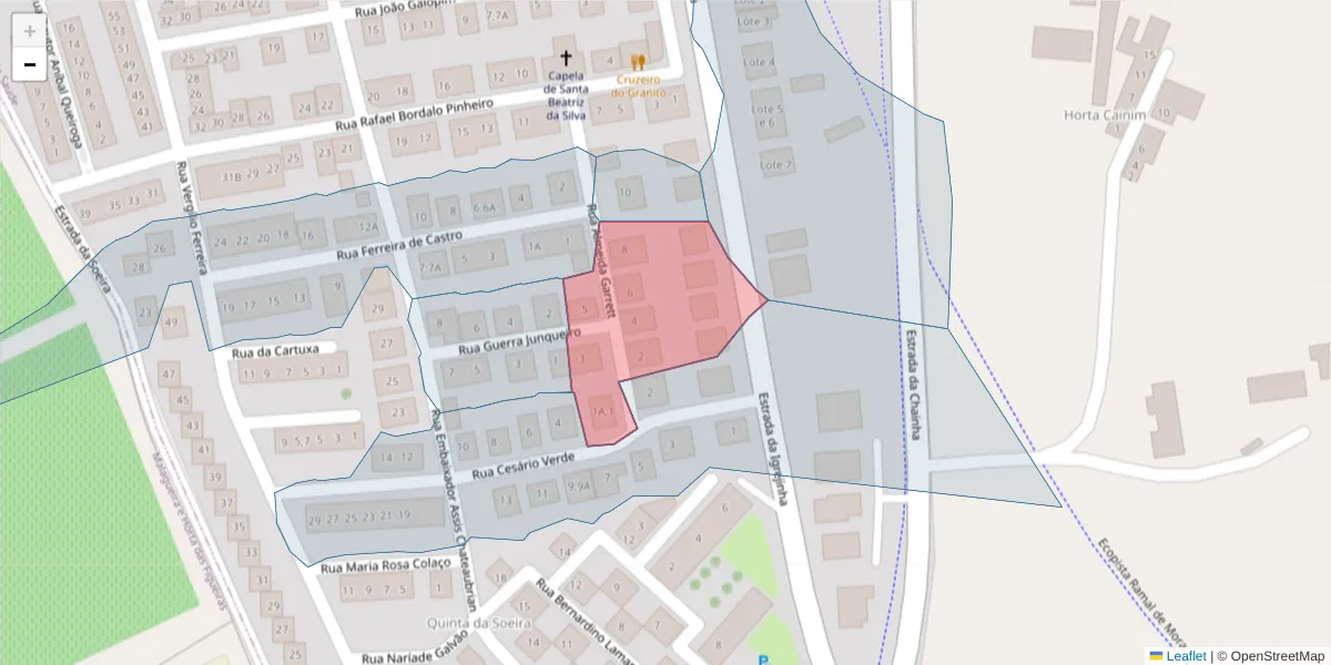 Mapa detalhado do código postal 7005-290 com limites, códigos postais vizinhos e agências dos correios