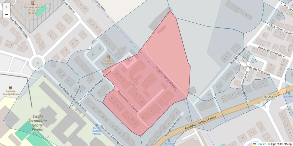 Mapa detalhado do código postal 7005-294 com limites, códigos postais vizinhos e agências dos correios
