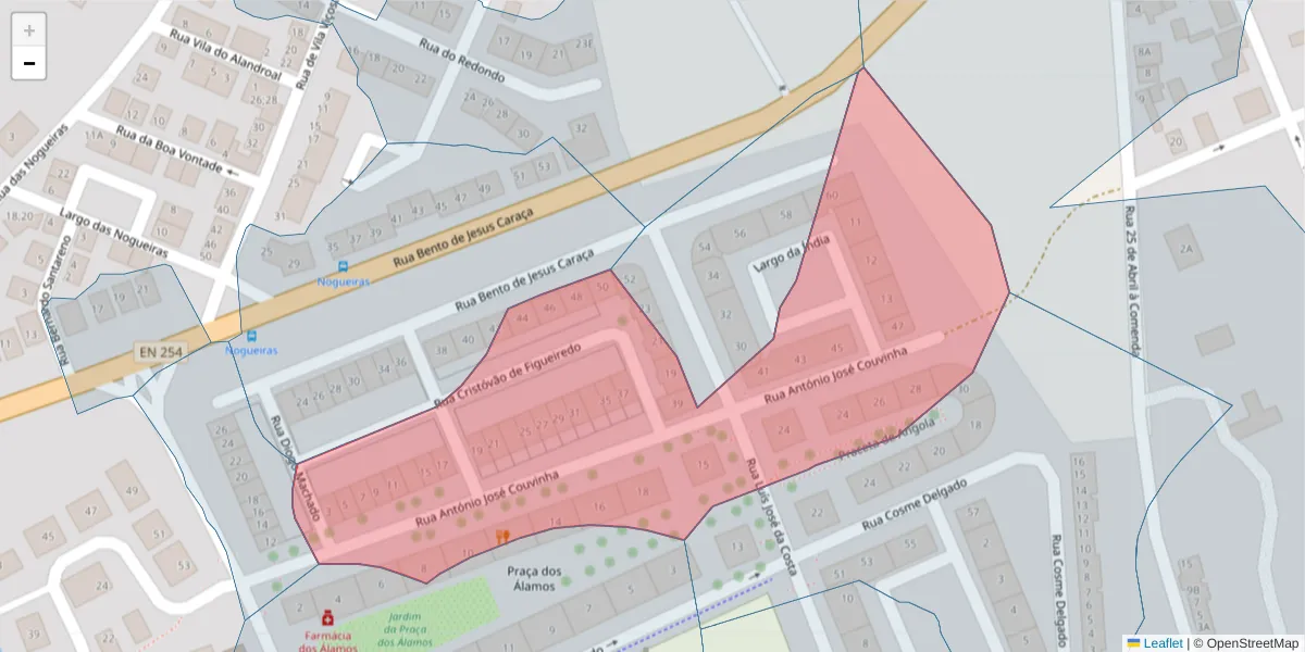 Mapa detalhado do código postal 7005-296 com limites, códigos postais vizinhos e agências dos correios
