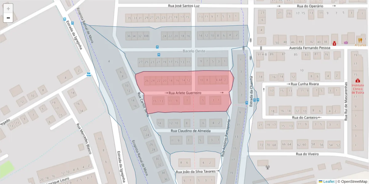 Mapa detalhado do código postal 7005-303 com limites, códigos postais vizinhos e agências dos correios