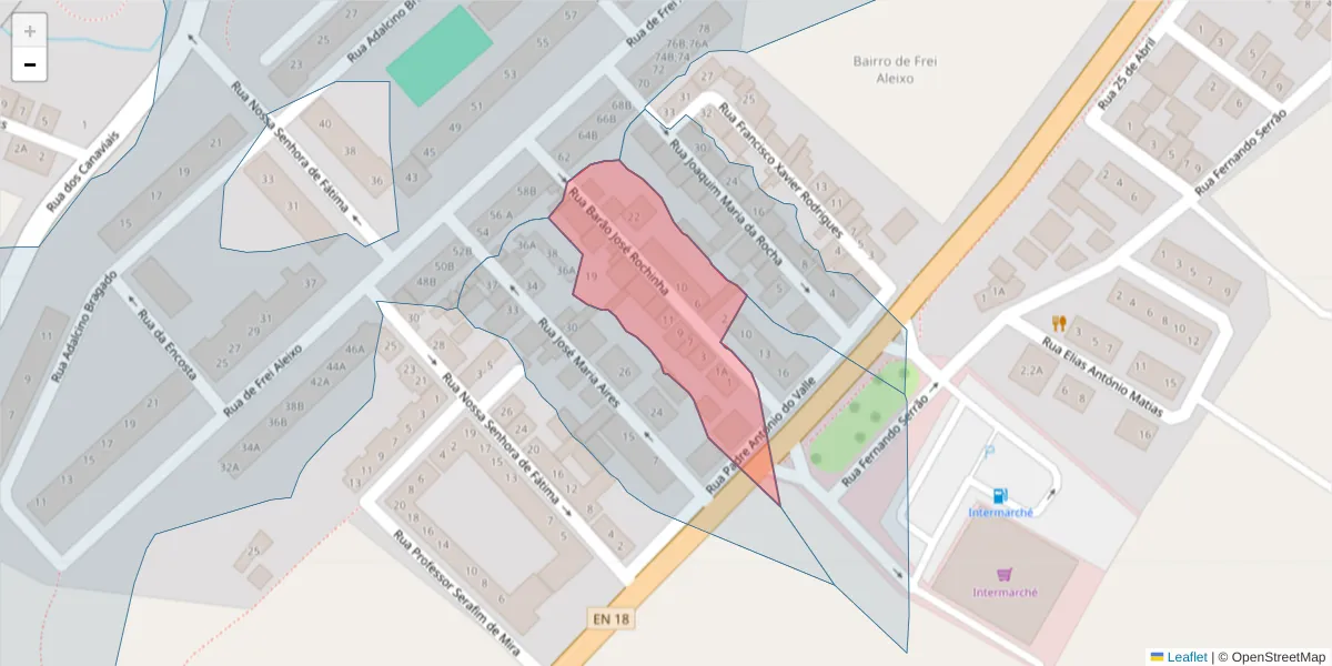 Mapa detalhado do código postal 7005-309 com limites, códigos postais vizinhos e agências dos correios