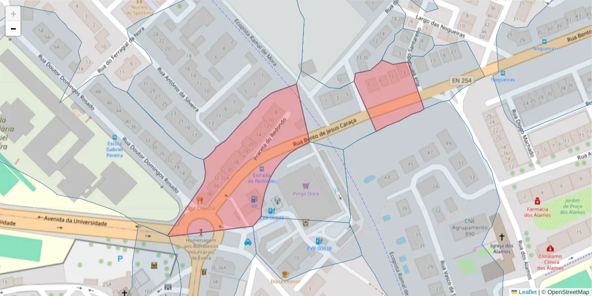Mapa detalhado do código postal 7005-310 com limites, códigos postais vizinhos e agências dos correios