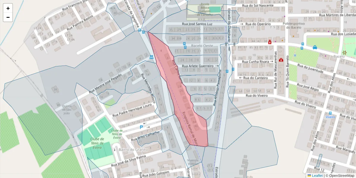 Mapa detalhado do código postal 7005-318 com limites, códigos postais vizinhos e agências dos correios
