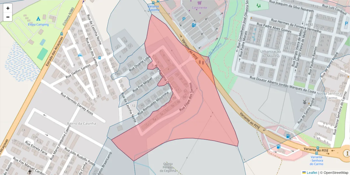 Mapa detalhado do código postal 7005-319 com limites, códigos postais vizinhos e agências dos correios