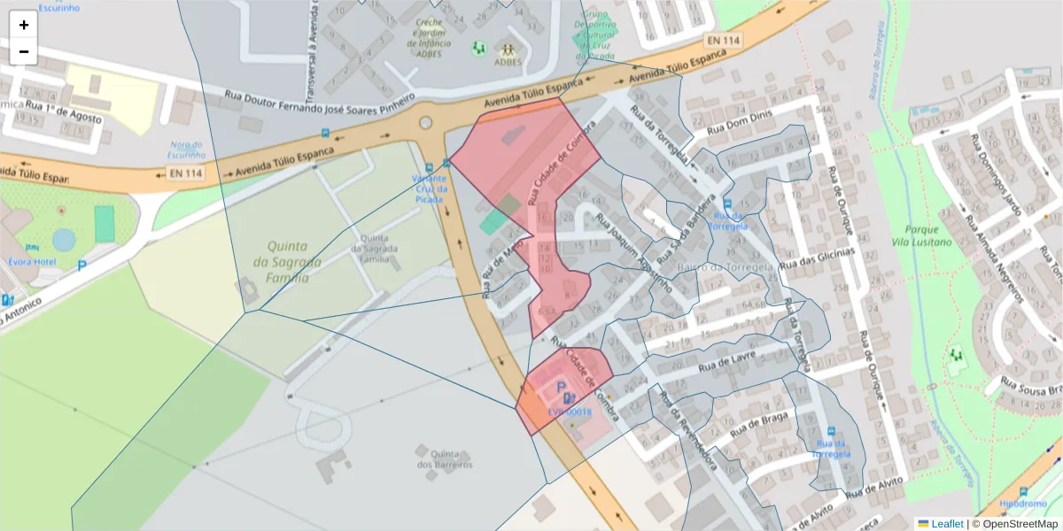 Mapa detalhado do código postal 7005-324 com limites, códigos postais vizinhos e agências dos correios