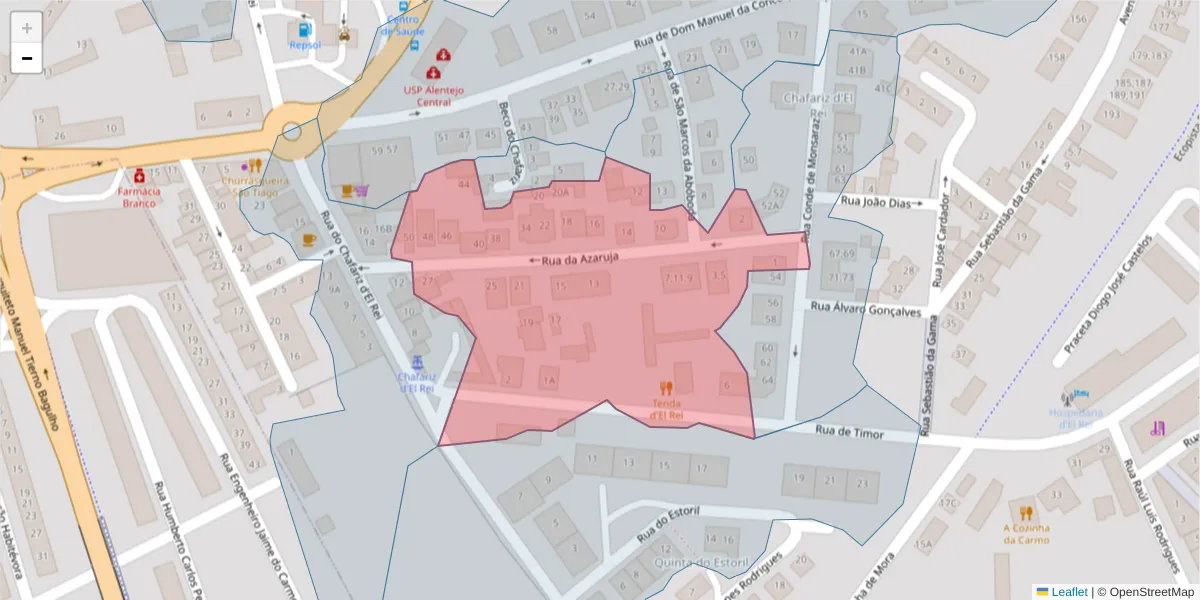 Mapa detalhado do código postal 7005-343 com limites, códigos postais vizinhos e agências dos correios