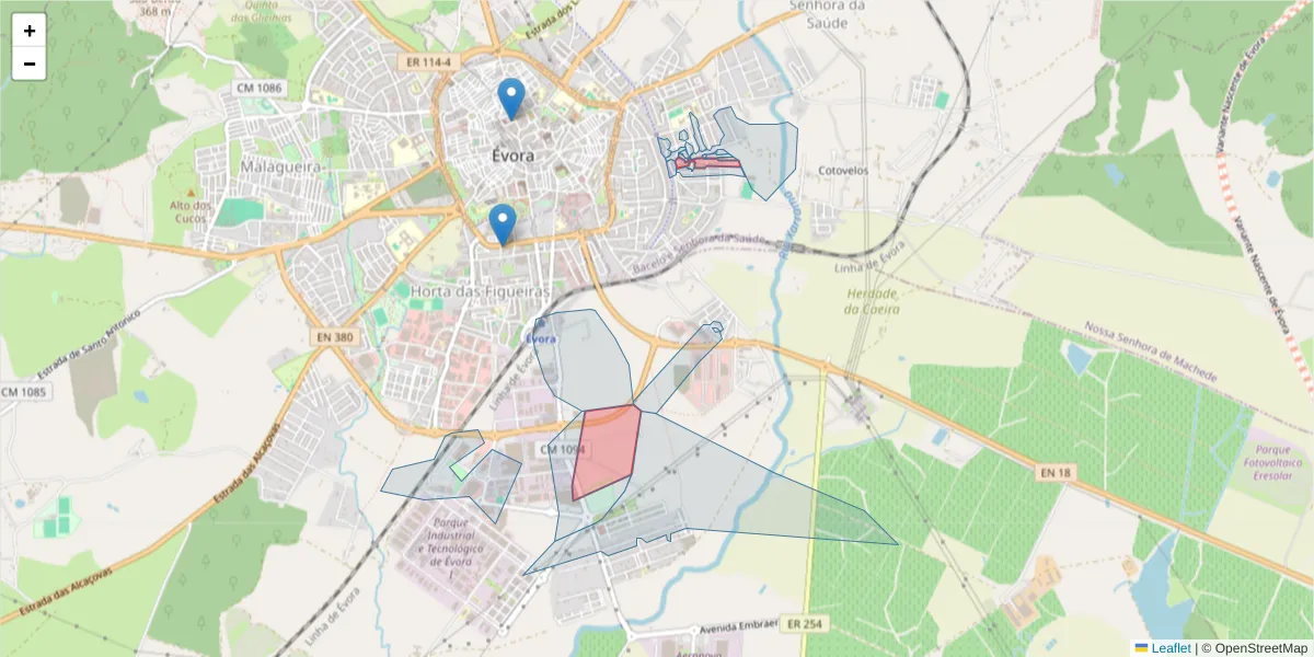 Mapa detalhado do código postal 7005-354 com limites, códigos postais vizinhos e agências dos correios